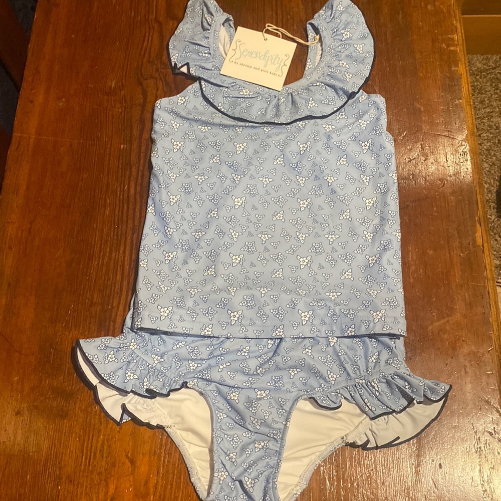 Shrimp&Grits tankini, Girls size L 7/8. Light blue, white and navy